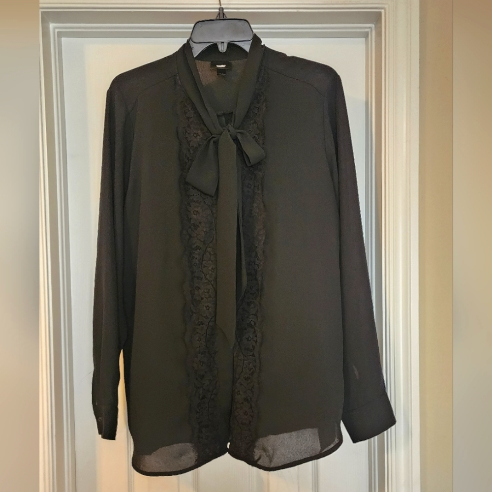 Mossimo Black Blouse with Tie Neck and Lace Overlay
